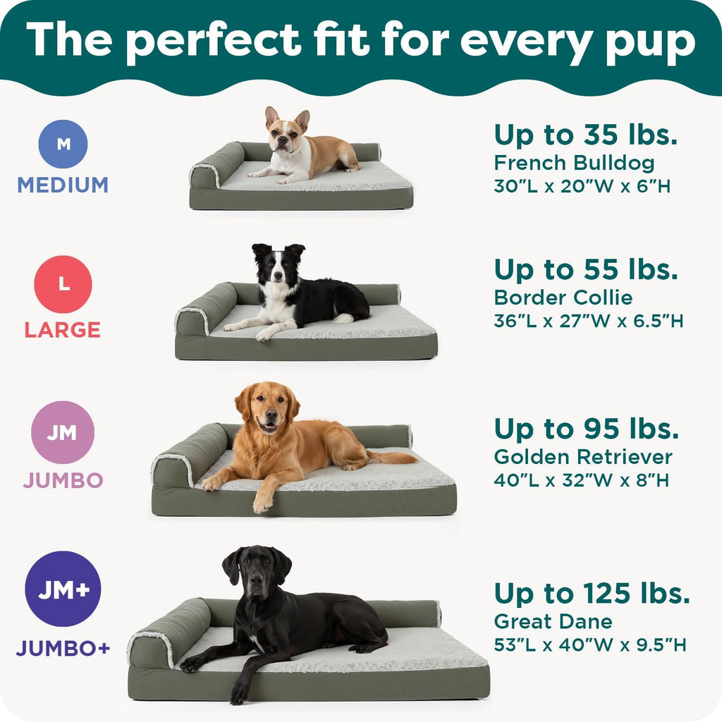 Orthopedic Dog Bed for Large Dogs W/ Removable Bolsters & Washable Cover, for Dogs up to 95 Lbs - Luxe Faux Fur & Performance Linen Sofa - Woodsmoke, Jumbo/Xl