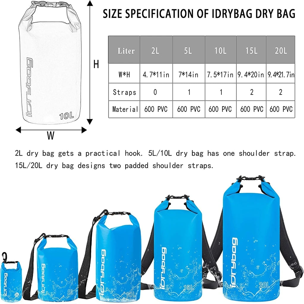 Waterproof Dry Bags for Outdoor Activities - Available in 2/5/10/15/20L Sizes for Swimming, Rafting, Kayaking, and Trekking