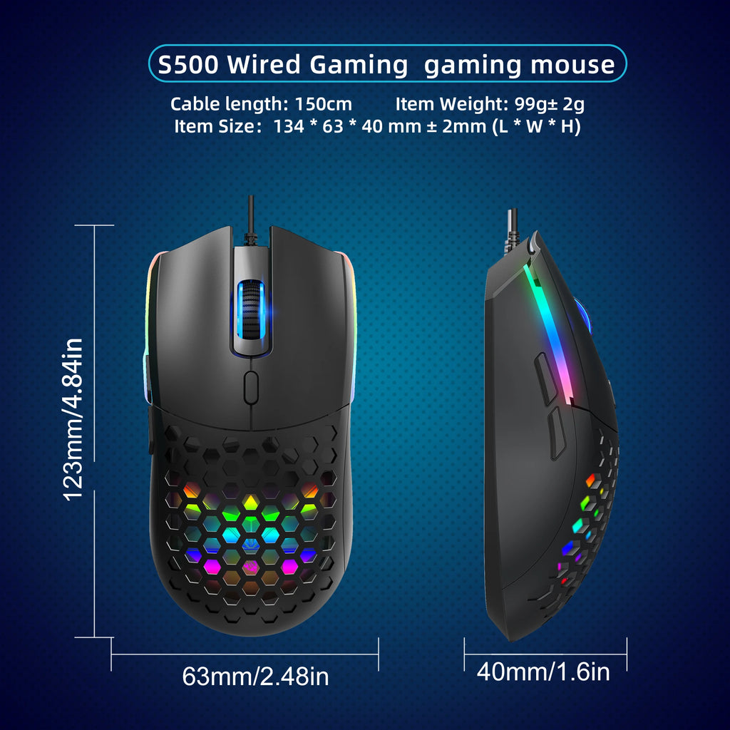 S500 Ergonomic Optical Gaming Mouse - Lightweight Wired USB Mouse for Laptop and Desktop PC