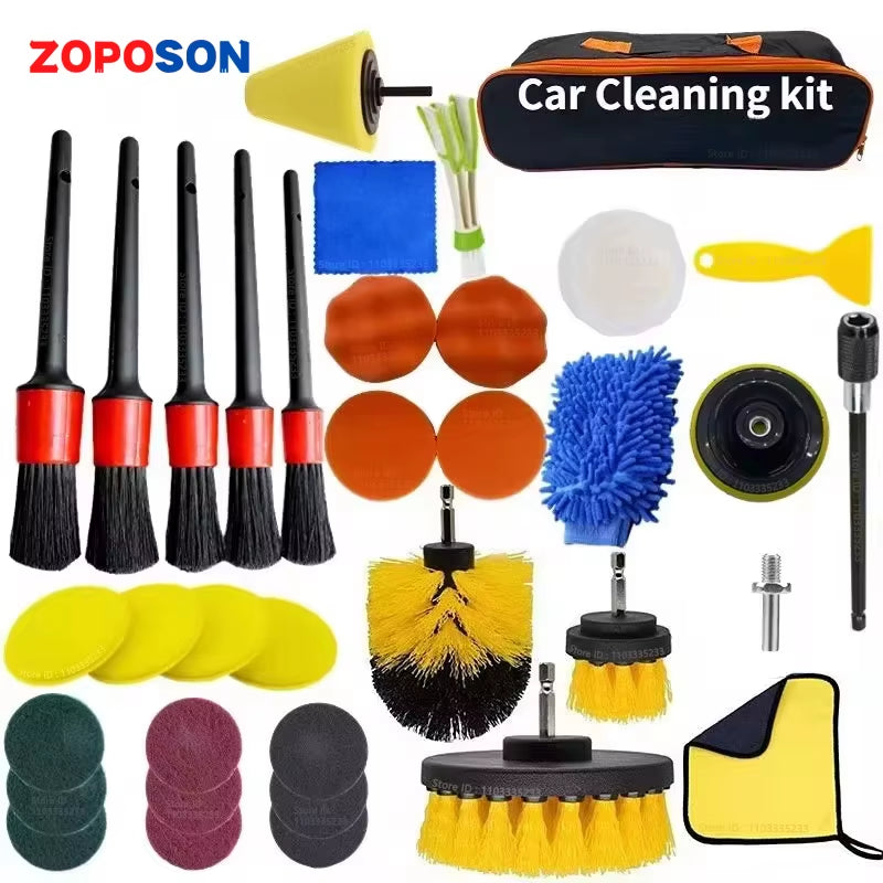 ZOPOSON Professional Car Cleaning Kit: Drill Scrubber, Detailing Brushes, Air Conditioner Vent Tools, Towels, and Polisher
